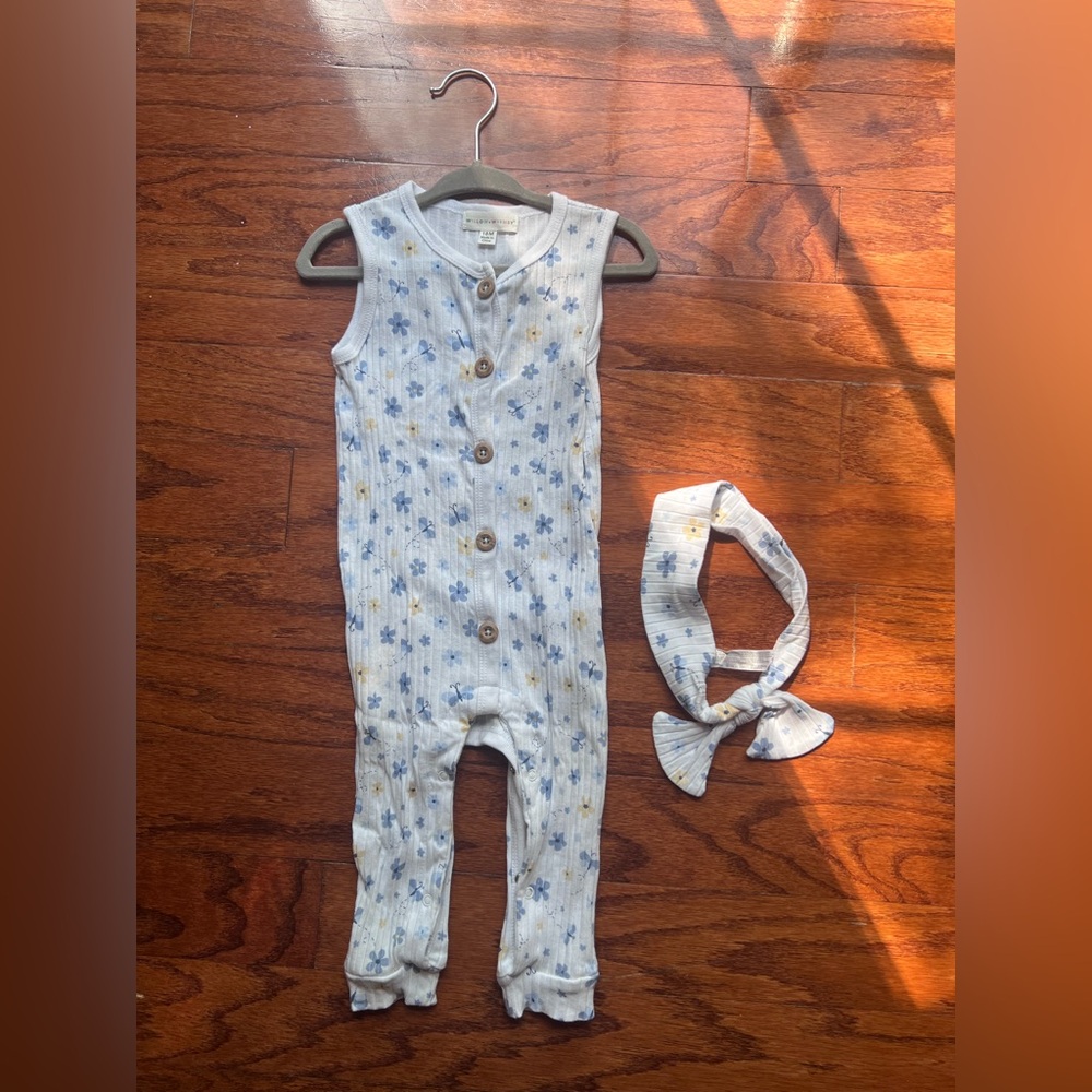 Sleeveless Floral Ribbed Baby One-Piece with Matching Headband - Light Blue